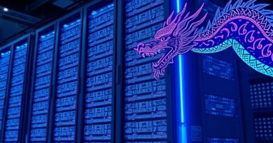 Świecący serwer z chińskimi łuskami smoka przechodzącymi w obwody i majskie glify. AI Xiaomi MiMo-V2-Pro.