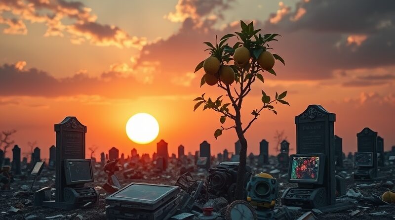 Melancholijny zachód słońca nad cyfrowym cmentarzem porzuconych robotów po upadku Citron mode.