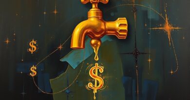 Kapiący złotem kran, którego krople to dolary, symbolizuje kończącą się erę tanich tokenów AI.