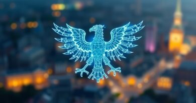 Stylizowany polski orzeł z sieci neuronowej nad mapą Wrocławia, symbolizujący technologię i polską suwerenność cyfrową.