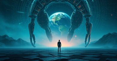 Samotna postać na cyfrowym pustkowiu, przytłoczona przez robotyczne formy z danych. Internet przejmuje władzę.