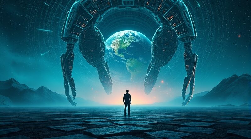 Samotna postać na cyfrowym pustkowiu, przytłoczona przez robotyczne formy z danych. Internet przejmuje władzę.