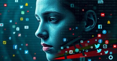 Rozpadająca się twarz w binarnym kodzie z logotypami social mediów. Cyfrowy rozkład, dezinformacja i ukryte zagrożenia online.