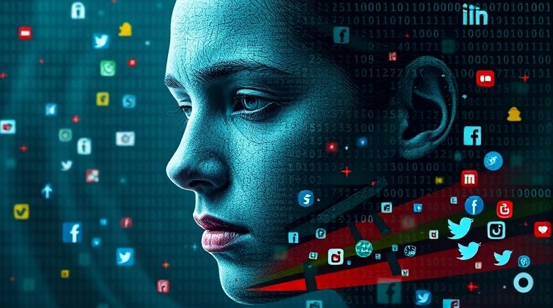 Rozpadająca się twarz w binarnym kodzie z logotypami social mediów. Cyfrowy rozkład, dezinformacja i ukryte zagrożenia online.