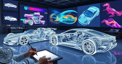 Futurystyczne studio projektowe GM: designer tworzy, AI wizualizuje, algorytmy optymalizują, rewolucja w projektowaniu aut.