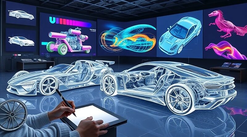 Futurystyczne studio projektowe GM: designer tworzy, AI wizualizuje, algorytmy optymalizują, rewolucja w projektowaniu aut.