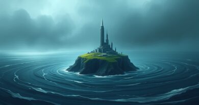 Stylizowana samotna wyspa z futurystyczną technologią, otoczona abstrakcyjnym oceanem, w tle groźny monolit.