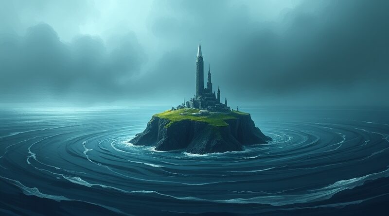 Stylizowana samotna wyspa z futurystyczną technologią, otoczona abstrakcyjnym oceanem, w tle groźny monolit.