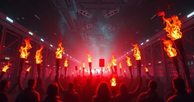 Cyfrowy tłum z widłami i pochodniami atakuje futurystyczną farmę serwerów. Art nouveau, dystopia, bunt przeciwko AI.