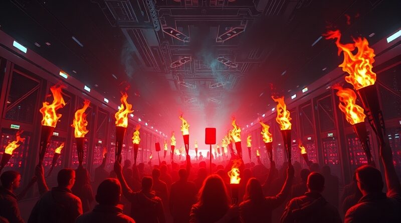 Cyfrowy tłum z widłami i pochodniami atakuje futurystyczną farmę serwerów. Art nouveau, dystopia, bunt przeciwko AI.