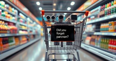 Inteligentny wózek Instacart z ekranem "Zapomniałeś parmezanu?" w futurystycznym supermarkecie.