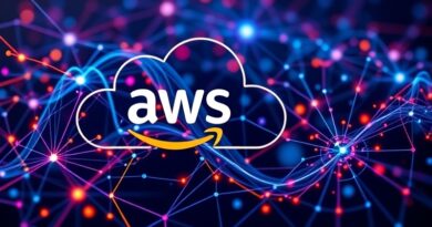 Abstrakcyjna wizualizacja współpracy AWS i OpenAI: przepływ danych, chmura, sztuczna inteligencja.