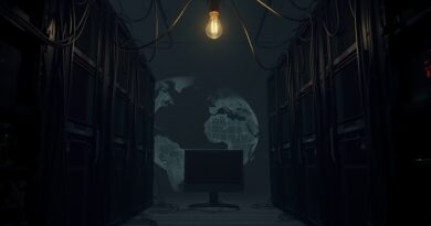 Opustoszała serwerownia w mroku. Wyłączony terminal symbolizuje globalną awarię Claude'a i kruchość chmury.