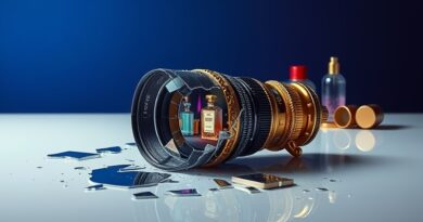 Rozbity obiektyw aparatu odbija luksusowe produkty i cyfrowe zakłócenia. Melancholia i technologiczna destrukcja.