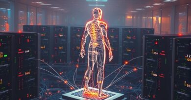 Świecący strażnik AI, utkany ze strumieni kodu, czuwa nad serwerami, symbolizując nową erę cyberbezpieczeństwa OpenAI.