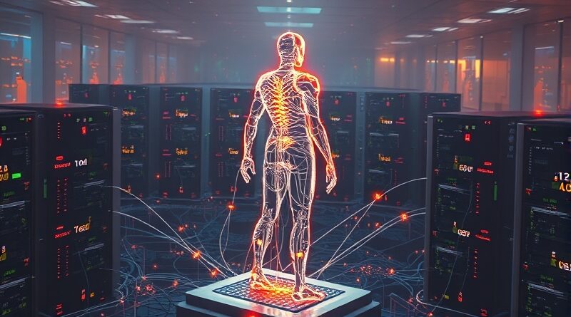 Świecący strażnik AI, utkany ze strumieni kodu, czuwa nad serwerami, symbolizując nową erę cyberbezpieczeństwa OpenAI.