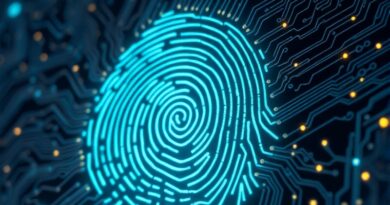 Bioluminescencyjny cyfrowy odcisk palca spleciony z obwodami, strażnik AI w stylu Ghibli i cyberpunk.