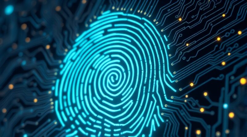 Bioluminescencyjny cyfrowy odcisk palca spleciony z obwodami, strażnik AI w stylu Ghibli i cyberpunk.