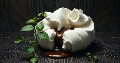 Rozpadająca się cukrowa rzeźba na tle obwodu, symbolizująca podatność AI na "lukrowane" ataki.