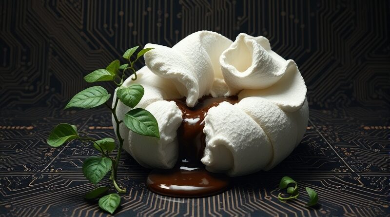 Rozpadająca się cukrowa rzeźba na tle obwodu, symbolizująca podatność AI na "lukrowane" ataki.