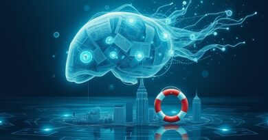 Lśniąca forma AI analizuje dane z gazet o powodziach, mapa miasta przekształca się w koło ratunkowe.