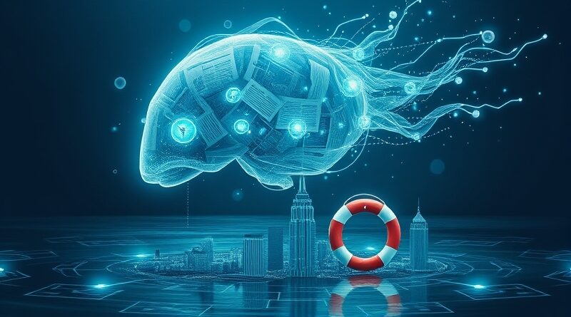 Lśniąca forma AI analizuje dane z gazet o powodziach, mapa miasta przekształca się w koło ratunkowe.