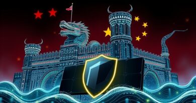 Cyfrowa forteca NVIDIA odpiera chińskiego smoka falą kodu, symbolizując walkę technologiczną.