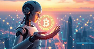 Futurystyczny robot AI trzymający kryształową stablecoin na tle cyfrowej sieci pieniędzy.