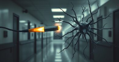 Cyfrowy neuron strzela pociskiem w szkolnym korytarzu. Mroczna metafora AI bez sumienia.