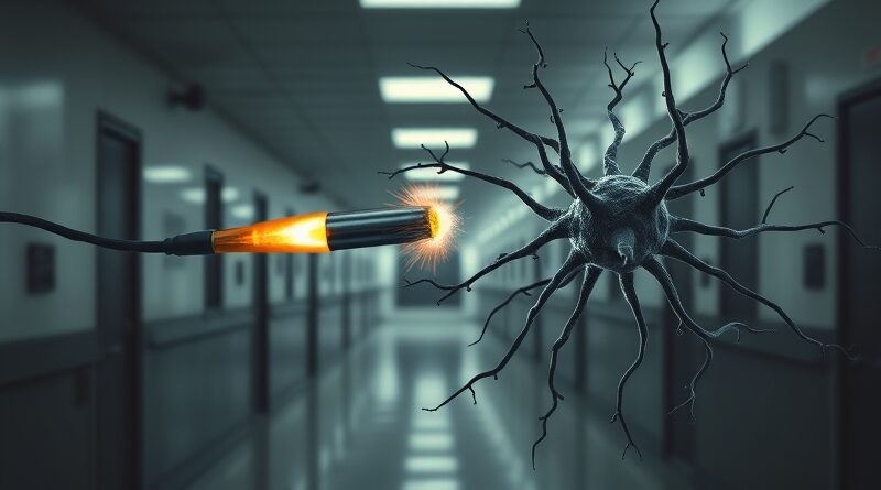 Cyfrowy neuron strzela pociskiem w szkolnym korytarzu. Mroczna metafora AI bez sumienia.