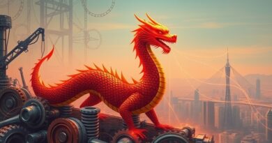 Stylizowany chiński smok wydobywa dane z Doliny Krzemowej, symbolizując chińską strategię AI.