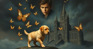 Melancholijny szczeniak SHIB wypuszcza metaliczne motyle funduszy ku zamkowi "Technokratycznej Władzy", nad nim zatroskany Vitalik Buterin.