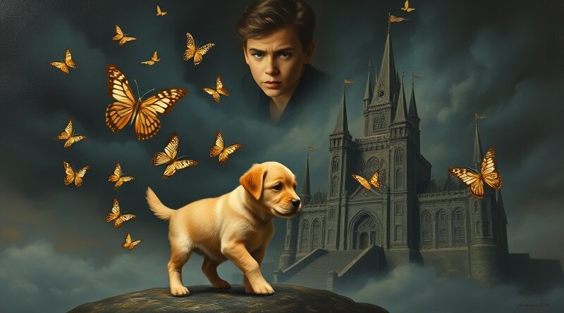 Melancholijny szczeniak SHIB wypuszcza metaliczne motyle funduszy ku zamkowi "Technokratycznej Władzy", nad nim zatroskany Vitalik Buterin.