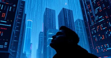 Futurystyczne miasto nocą, data center, deszcz binarny, technologia AI, niepokój i zachwyt.