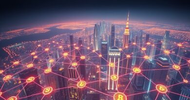 Abstrakcyjna, futurystyczna panorama miasta. Sieć węzłów połączonych symbolami walut cyfrowych. Agentic finance.