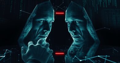 Rozbite lustro, kod zamiast tafli, odbija zniekształcone twarze, emanuje mrocznym światłem. AI skażona nienawiścią.