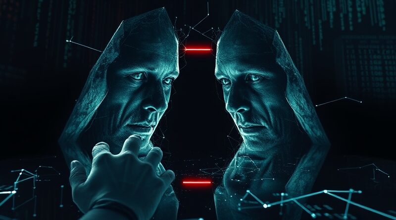 Rozbite lustro, kod zamiast tafli, odbija zniekształcone twarze, emanuje mrocznym światłem. AI skażona nienawiścią.