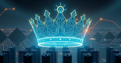 Korona z obwodów drukowanych nad miastem serwerowni, symbol potęgi Anthropic detronizującego OpenAI.