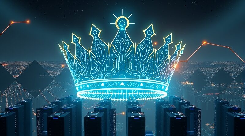 Korona z obwodów drukowanych nad miastem serwerowni, symbol potęgi Anthropic detronizującego OpenAI.