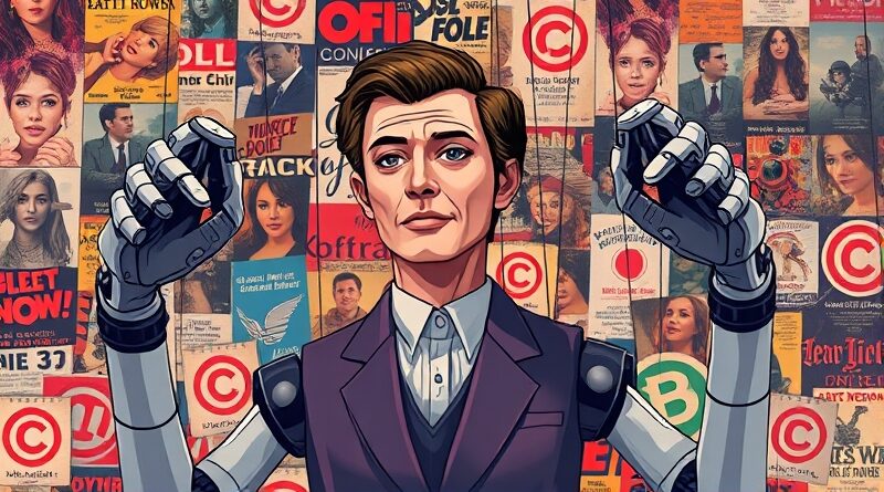 Marionetka aktora, zniekształcona przez robotyczne ramiona AI, copyright i filmowy chaos.
