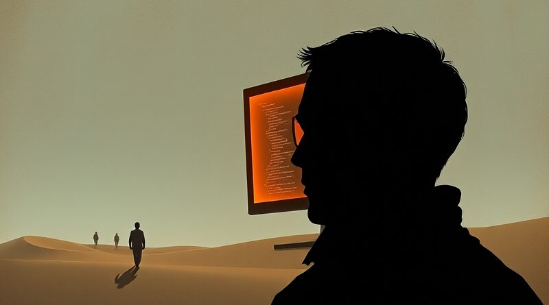 Sylwetka patrzy w ekran: burza piaskowa zamiast kodu, wizja zwolnienia w Dolinie Krzemowej.