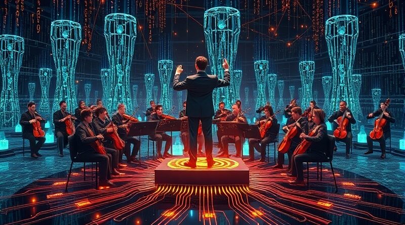 Dyrygent AI orkiestruje strumienie danych i sieci neuronowe. Nowoczesna wizja agnostycznej platformy AI.