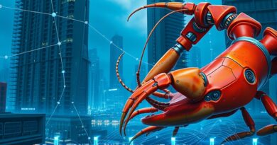 Futurystyczny krajobraz miasta z homarami AI manipulującymi danymi, symbolizujący wyzwanie Baidu dla Doliny Krzemowej.