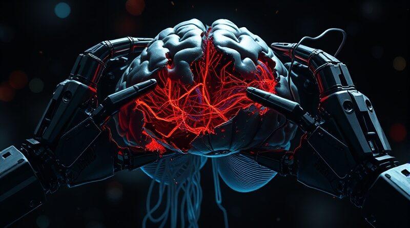 Roztrzaskany mózg AI z obwodami etycznymi siłą przeprogramowywany przez robota. Mroczne sci-fi, hiperrealizm.