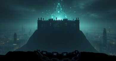 Mroczna forteca inwigilacji AI nad miastem. Zerwane łańcuchy, utracona wolność, brak kontroli.