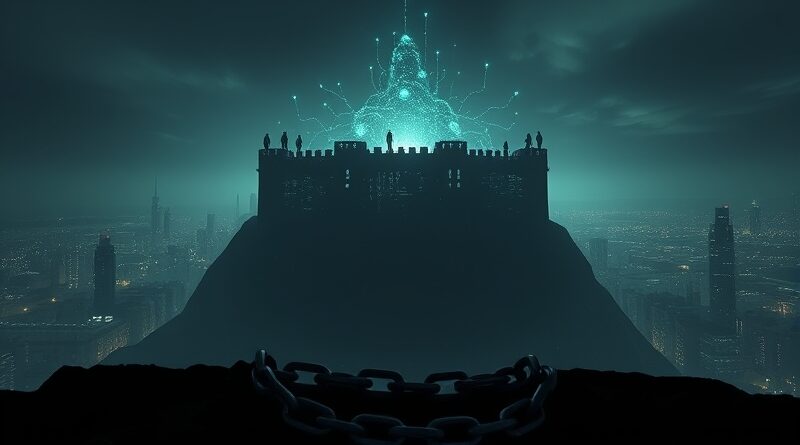 Mroczna forteca inwigilacji AI nad miastem. Zerwane łańcuchy, utracona wolność, brak kontroli.