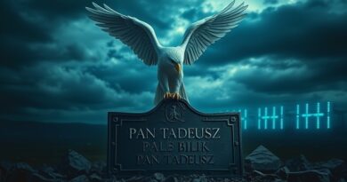 Zrozpaczony bielik na rozbitych fragmentach "Pana Tadeusza" pod burzowym niebem i futurystycznymi serwerowniami.