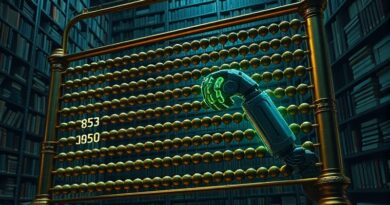 Bogaty abakus z cyfrowymi liczbami, robotycznym ramieniem i labiryntem biblioteczek, symbolizujący AI w administracji.