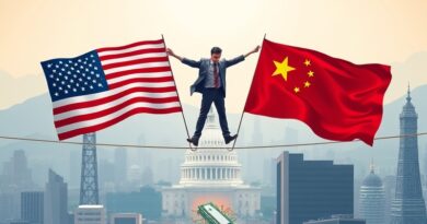 Akrobata na linie (GPU Nvidia) między flagami USA i Chin. W tle miasta (Waszyngton/Pekin).