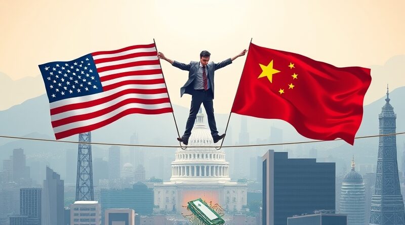 Akrobata na linie (GPU Nvidia) między flagami USA i Chin. W tle miasta (Waszyngton/Pekin).